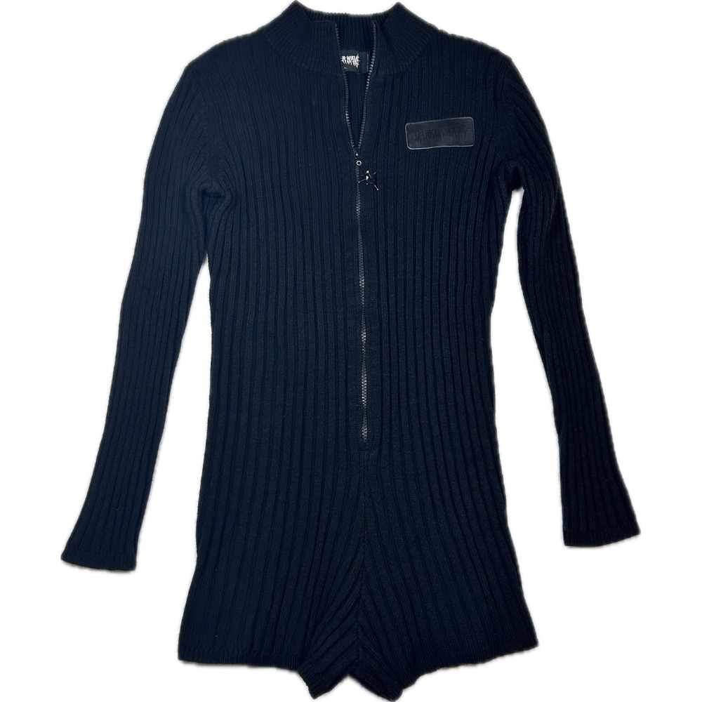 Darker Wavs Womens Black Ribbed Long Sleeve Zip Front Romper XXL Goth Edgy
